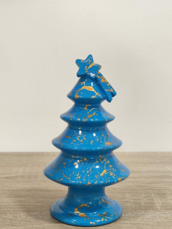 Albero di Natale Colato in Ceramica Artigianale decorato a Mano - 15 cm - Azzurro e Oro (2)