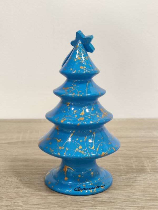 Albero di Natale Colato in Ceramica Artigianale decorato a Mano - 15 cm - Azzurro e Oro