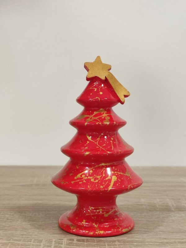 Albero di Natale Colato in Ceramica Artigianale decorato a Mano - 15 cm - Rosso e Oro (2)