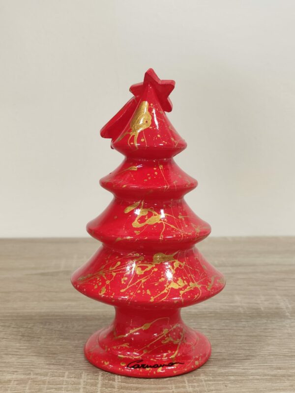 Albero di Natale Colato in Ceramica Artigianale decorato a Mano - 15 cm - Rosso e Oro