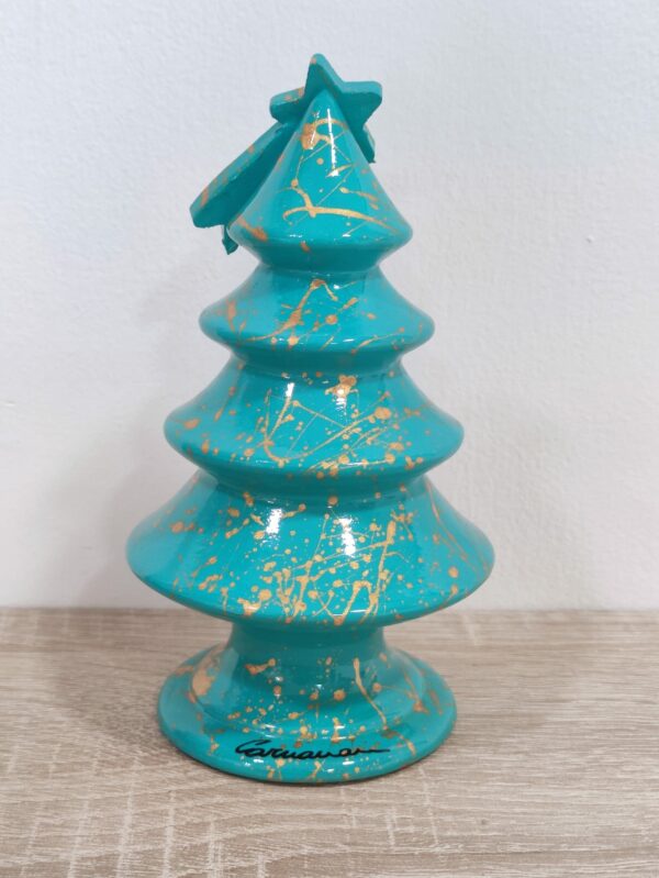 Albero di Natale in Ceramica Artigianale decorato a Mano - 16 cm - Turchese e Oro (2)