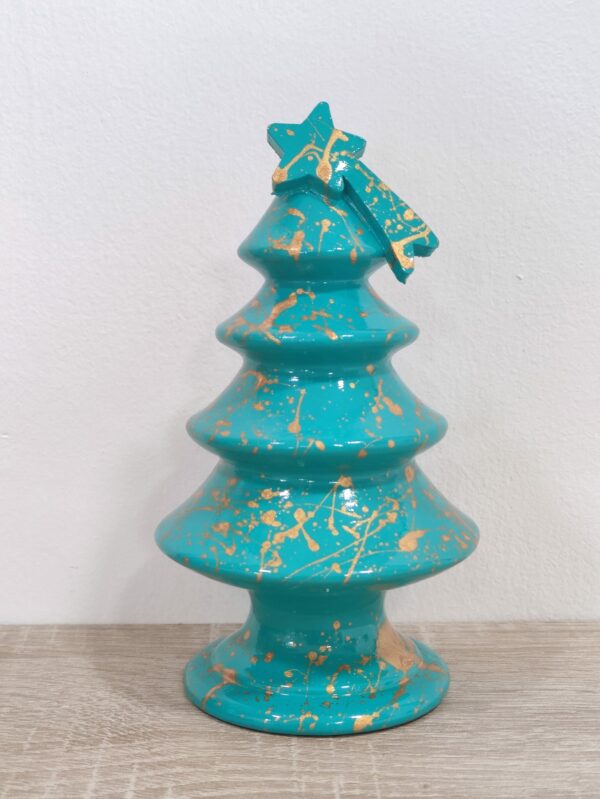 Albero di Natale in Ceramica Artigianale decorato a Mano - 16 cm - Turchese e Oro