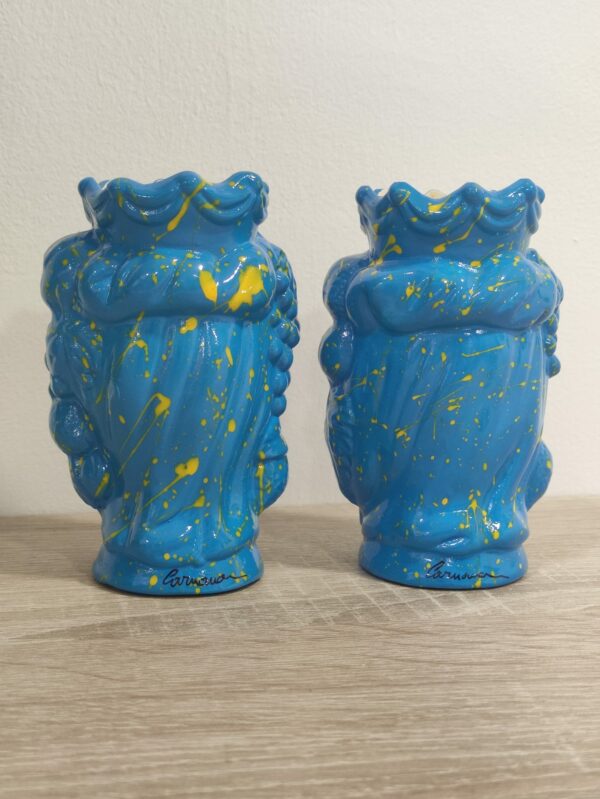 Coppia Teste di Moro con Frutta in Ceramica Siciliana Artigianale - Pittura a Freddo - 12 cm - Azzurro e Giallo (2)