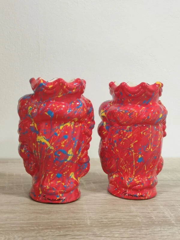 Coppia Teste di Moro con Frutta in Ceramica Siciliana Artigianale - Pittura a Freddo - 12 cm - Rosso Azzurro e Giallo (2)