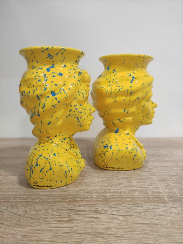 Coppia Teste di Moro in Ceramica Siciliana Artigianale - Pittura a Freddo - 16 cm - Giallo e Turchese (2)