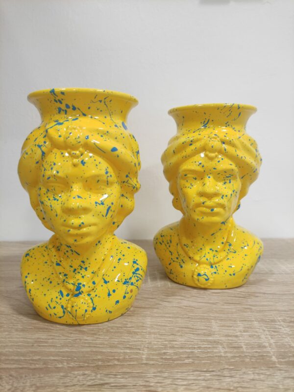 Coppia Teste di Moro in Ceramica Siciliana Artigianale - Pittura a Freddo - 16 cm - Giallo e Turchese