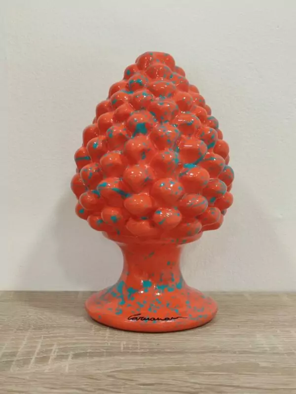 Pigna in Ceramica Siciliana Artigianale - Pittura a Freddo - 12 cm - Stile POp Art - Arancione e Turchese