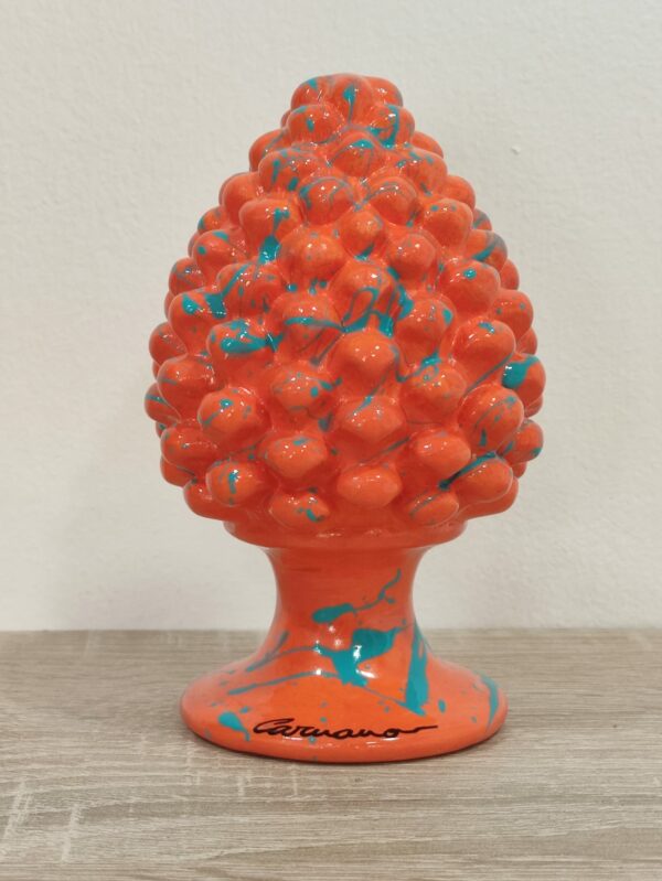 Pigna in Ceramica Siciliana Artigianale - Pittura a Freddo - 16 cm - Stile POp Art - Arancione e Turchese