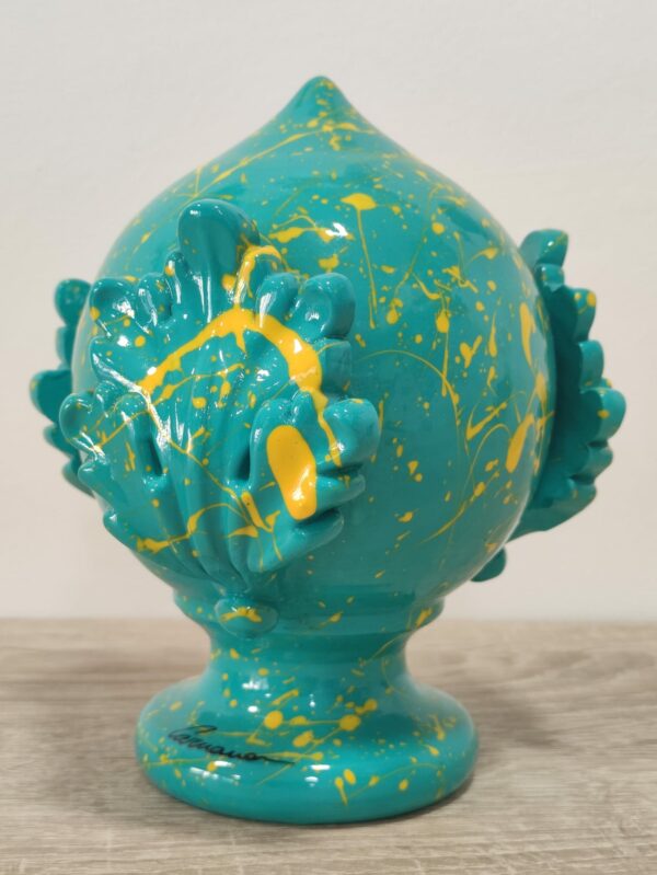 Pumo o Pomo Pugliese in Ceramica Siciliana Artigianale - Pittura a Freddo - 17 cm - Turchese e Giallo