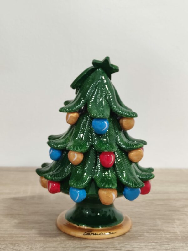 Albero di Natale in Ceramica con Foglie decorato a Mano - 16 cm - Verde Rosso Azzurro e Giallo (2)