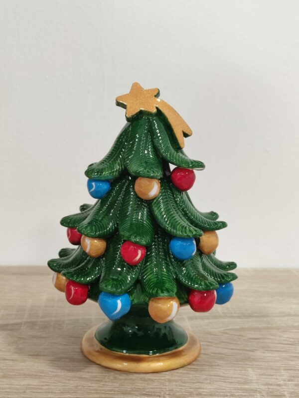 Albero di Natale in Ceramica con Foglie decorato a Mano - 16 cm - Verde Rosso Azzurro e Giallo